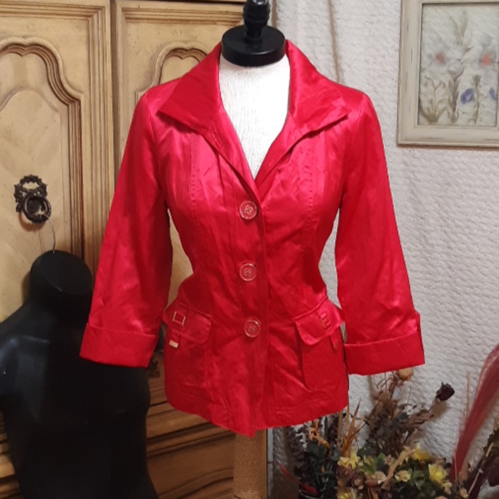 Womens Hoilday Jeweled Tone Metallic Pink blazer Sz S Jacket Suit top Tie waist